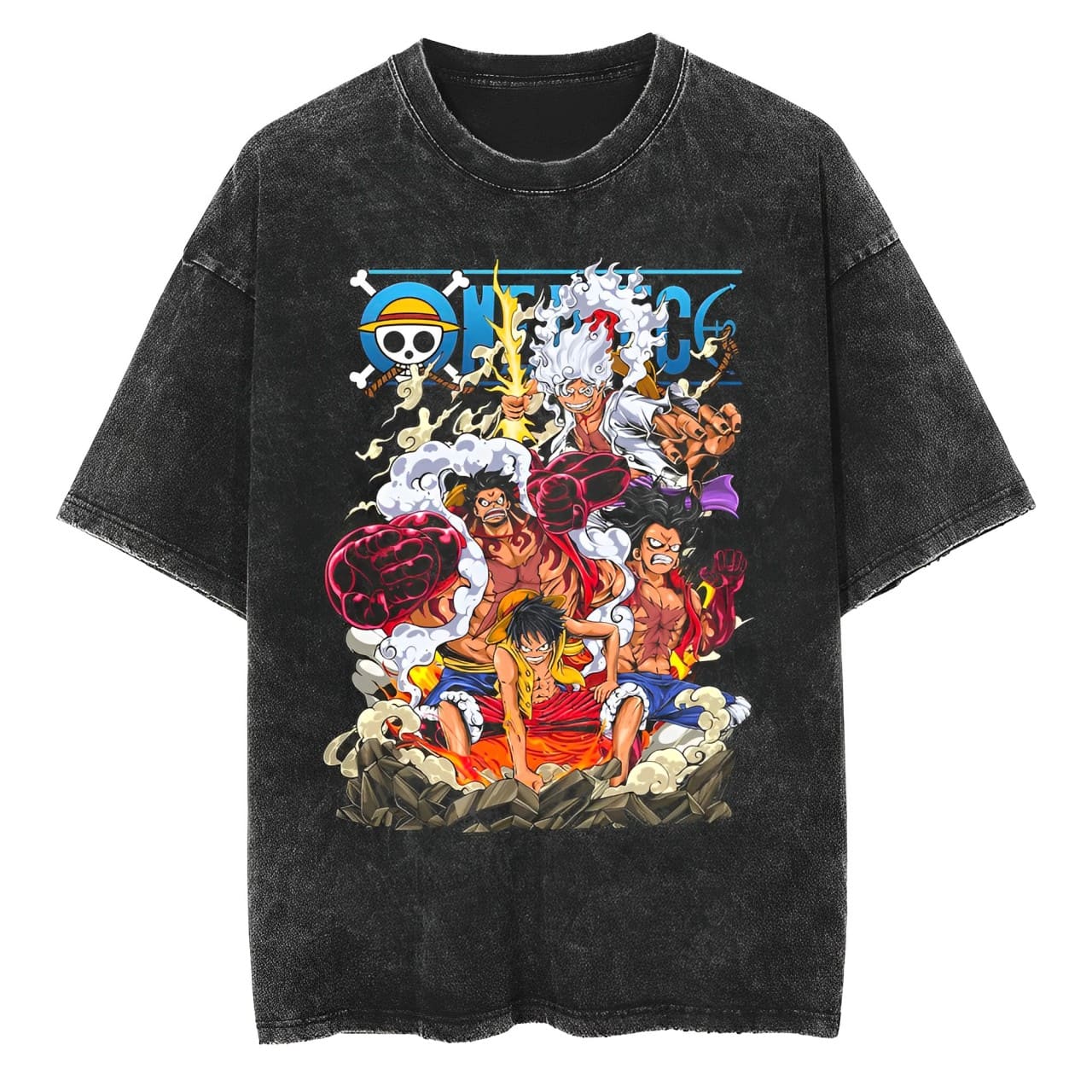 Acid Wash Vintage Graphic T Shirt - One Piece Luffy Gear 2 3