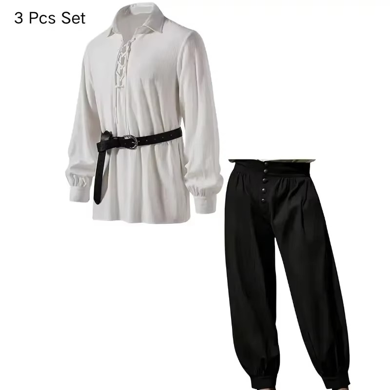 Men Medieval Viking Pirate 3 P - Medieval Gothic Lace Up Pirate Shirt ulasan dan harga